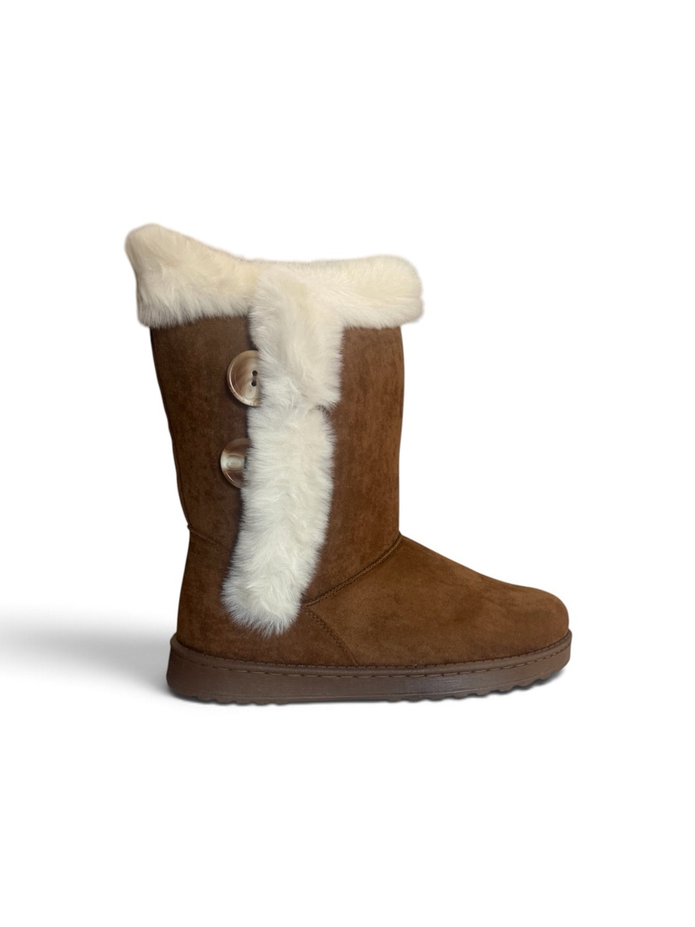 Womens Brown Faux-Suede Winter Boots with Cream Faux-Fur Trim NWT